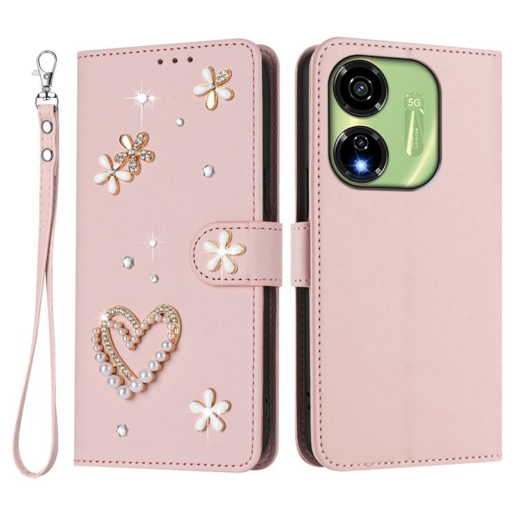 For itel P55 5G ZS01 Double-Layer Heart Floral Vegan Leather Phone Case with Wrist Strap