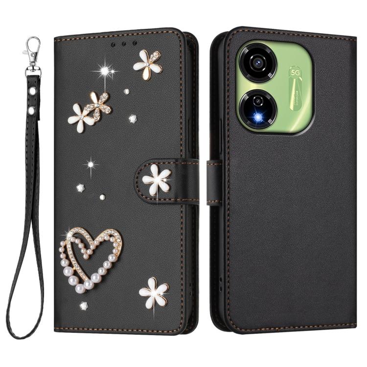 For itel P55 5G ZS01 Double-Layer Heart Floral Vegan Leather Phone Case with Wrist Strap