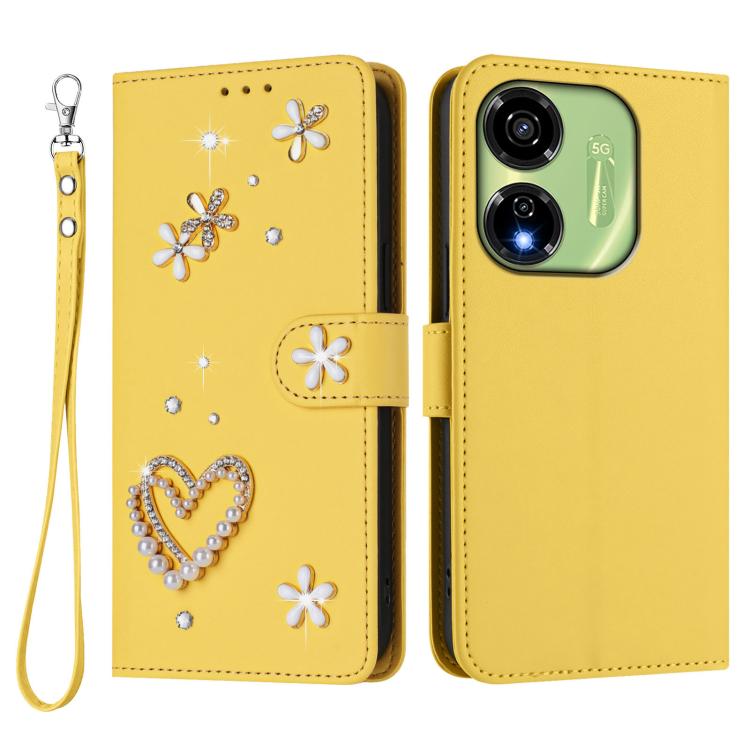 For itel P55 5G ZS01 Double-Layer Heart Floral Vegan Leather Phone Case with Wrist Strap