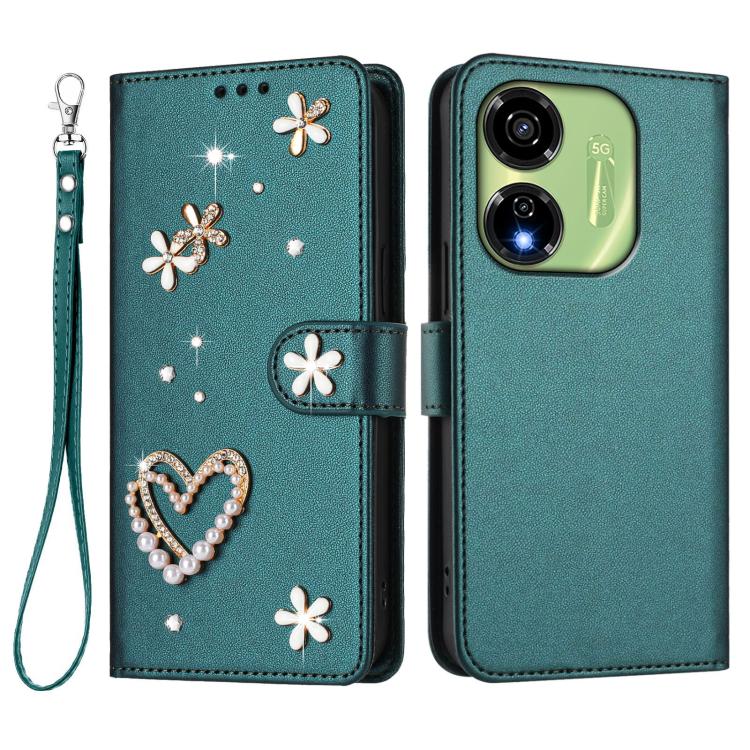 For itel P55 5G ZS01 Double-Layer Heart Floral Vegan Leather Phone Case with Wrist Strap