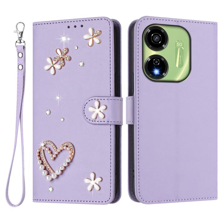 For itel P55 5G ZS01 Double-Layer Heart Floral Vegan Leather Phone Case with Wrist Strap