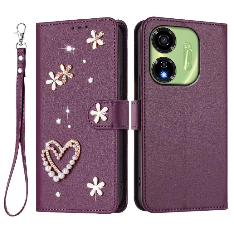 For itel P55 5G ZS01 Double-Layer Heart Floral Vegan Leather Phone Case with Wrist Strap
