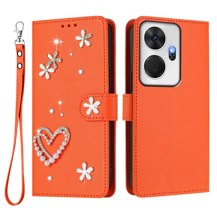 For itel P55+ ZS01 Double-Layer Heart Floral Vegan Leather Phone Case with Wrist Strap