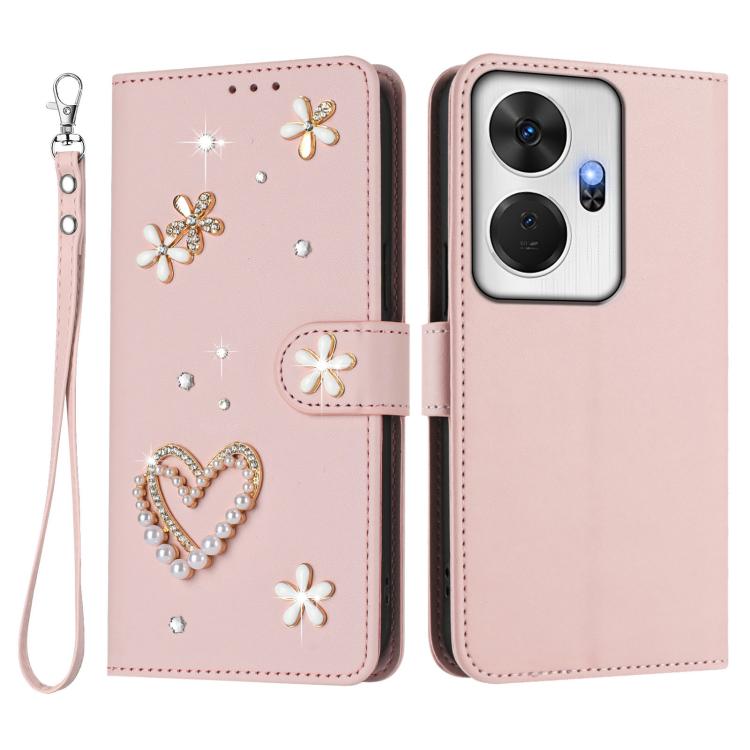 For itel P55+ ZS01 Double-Layer Heart Floral Vegan Leather Phone Case with Wrist Strap
