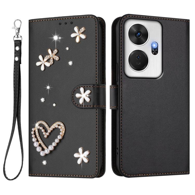 For itel P55+ ZS01 Double-Layer Heart Floral Vegan Leather Phone Case with Wrist Strap