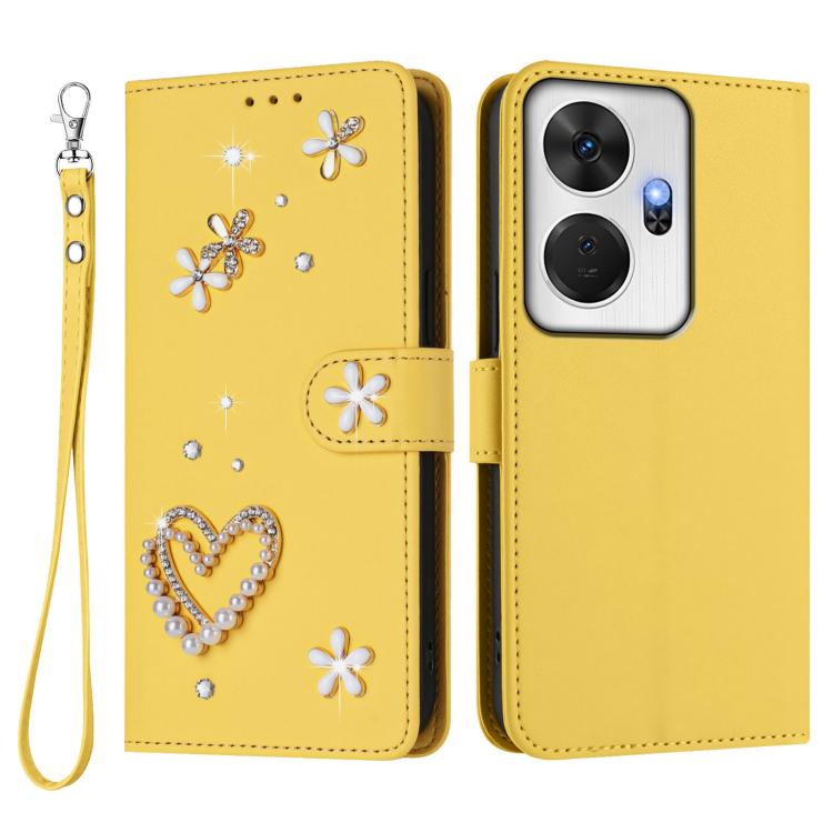 For itel P55+ ZS01 Double-Layer Heart Floral Vegan Leather Phone Case with Wrist Strap