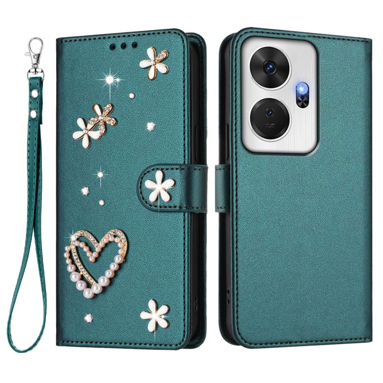 For itel P55+ ZS01 Double-Layer Heart Floral Vegan Leather Phone Case with Wrist Strap