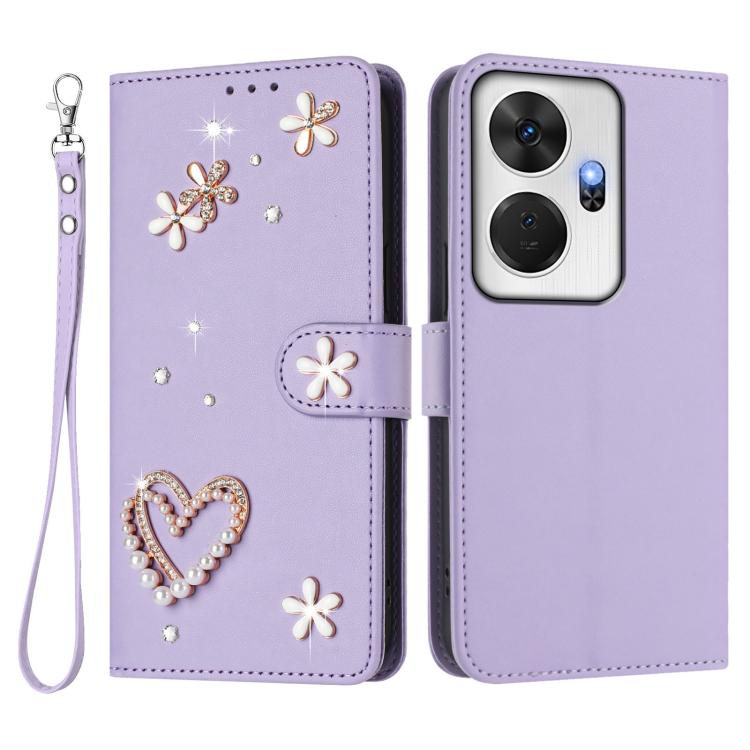 For itel P55+ ZS01 Double-Layer Heart Floral Vegan Leather Phone Case with Wrist Strap