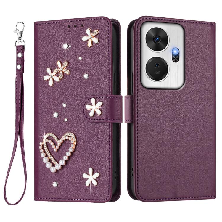 For itel P55+ ZS01 Double-Layer Heart Floral Vegan Leather Phone Case with Wrist Strap