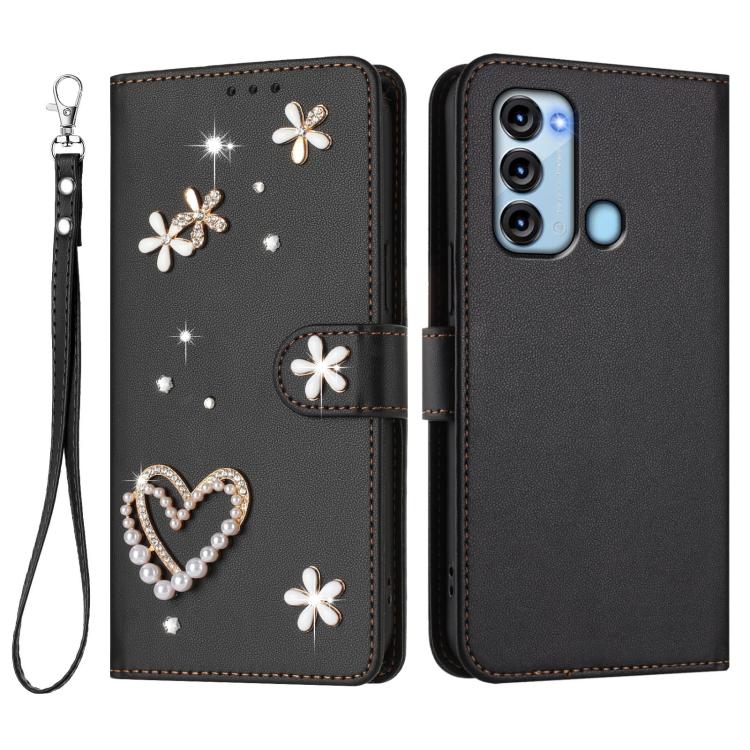 For itel S17 / Vision 3 ZS01 Double-Layer Heart Floral Vegan Leather Phone Case with Wrist Strap