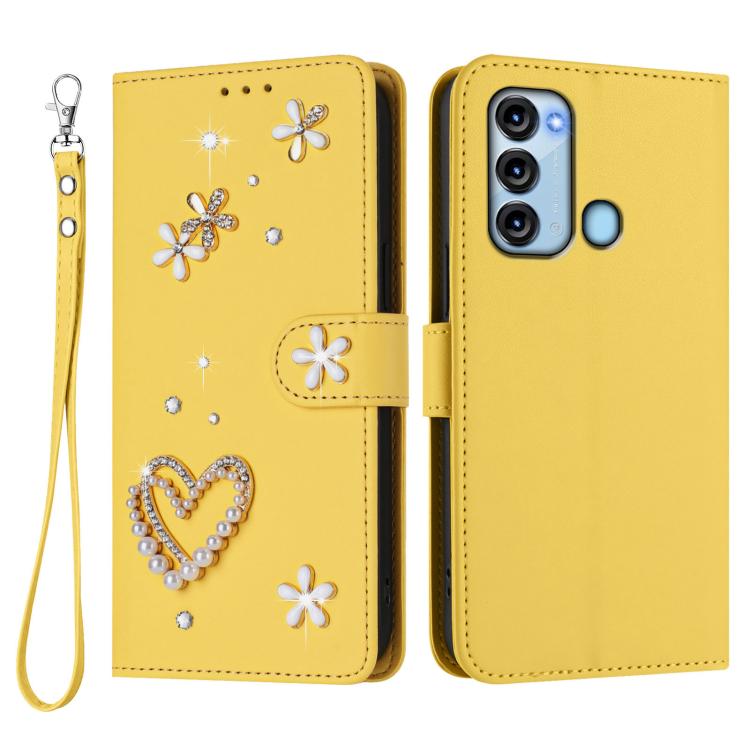 For itel S17 / Vision 3 ZS01 Double-Layer Heart Floral Vegan Leather Phone Case with Wrist Strap