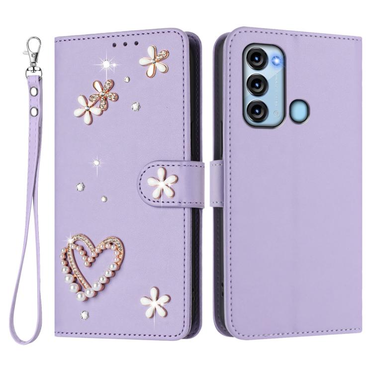For itel S17 / Vision 3 ZS01 Double-Layer Heart Floral Vegan Leather Phone Case with Wrist Strap
