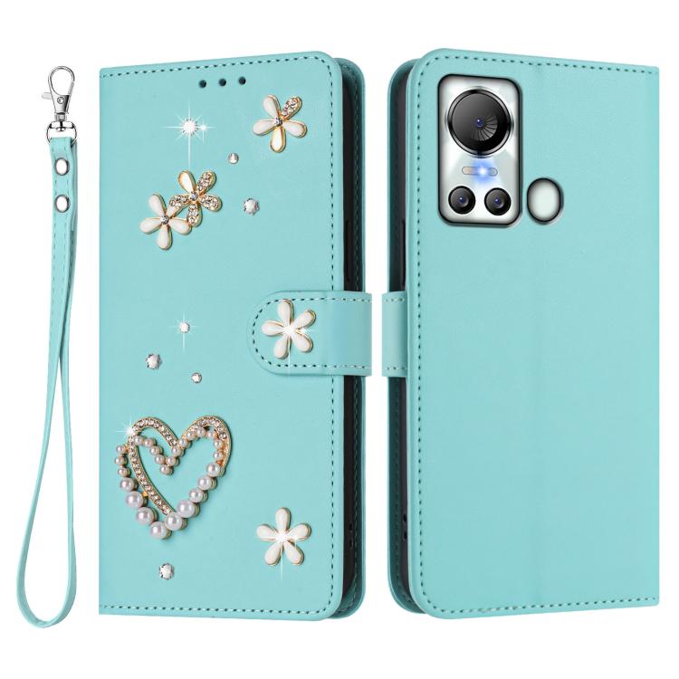 For itel S18 / Vision 5 ZS01 Double-Layer Heart Floral Vegan Leather Phone Case with Wrist Strap