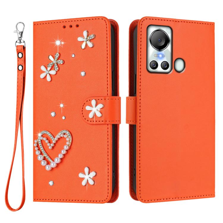 For itel S18 / Vision 5 ZS01 Double-Layer Heart Floral Vegan Leather Phone Case with Wrist Strap