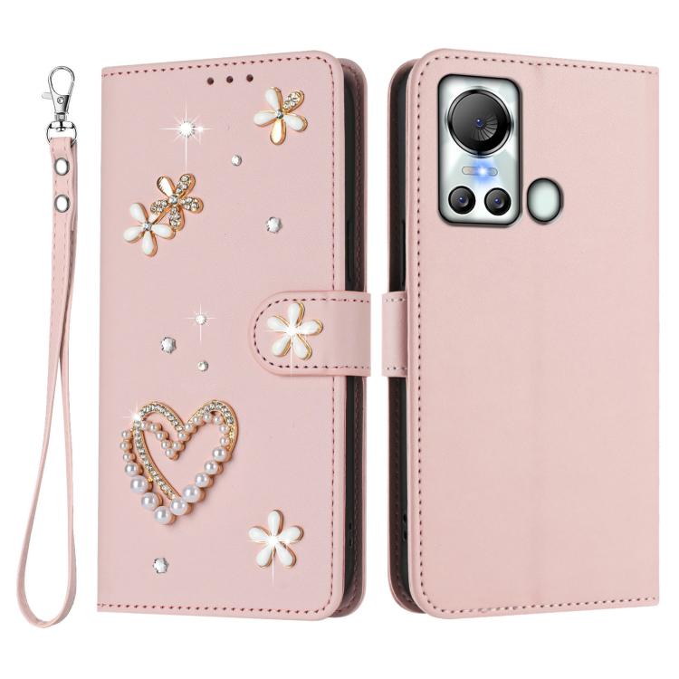For itel S18 / Vision 5 ZS01 Double-Layer Heart Floral Vegan Leather Phone Case with Wrist Strap