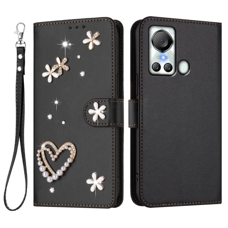 For itel S18 / Vision 5 ZS01 Double-Layer Heart Floral Vegan Leather Phone Case with Wrist Strap