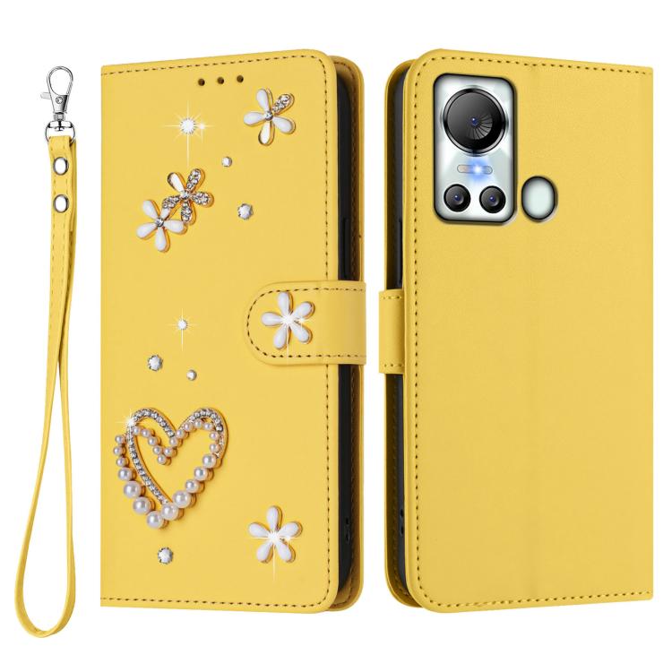 For itel S18 / Vision 5 ZS01 Double-Layer Heart Floral Vegan Leather Phone Case with Wrist Strap