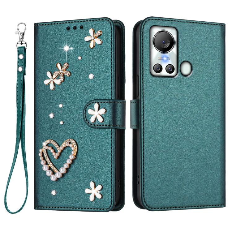 For itel S18 / Vision 5 ZS01 Double-Layer Heart Floral Vegan Leather Phone Case with Wrist Strap