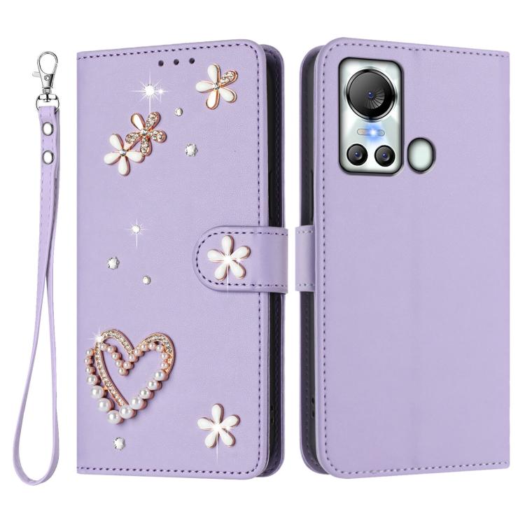 For itel S18 / Vision 5 ZS01 Double-Layer Heart Floral Vegan Leather Phone Case with Wrist Strap