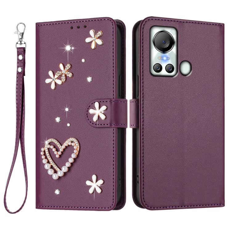 For itel S18 / Vision 5 ZS01 Double-Layer Heart Floral Vegan Leather Phone Case with Wrist Strap