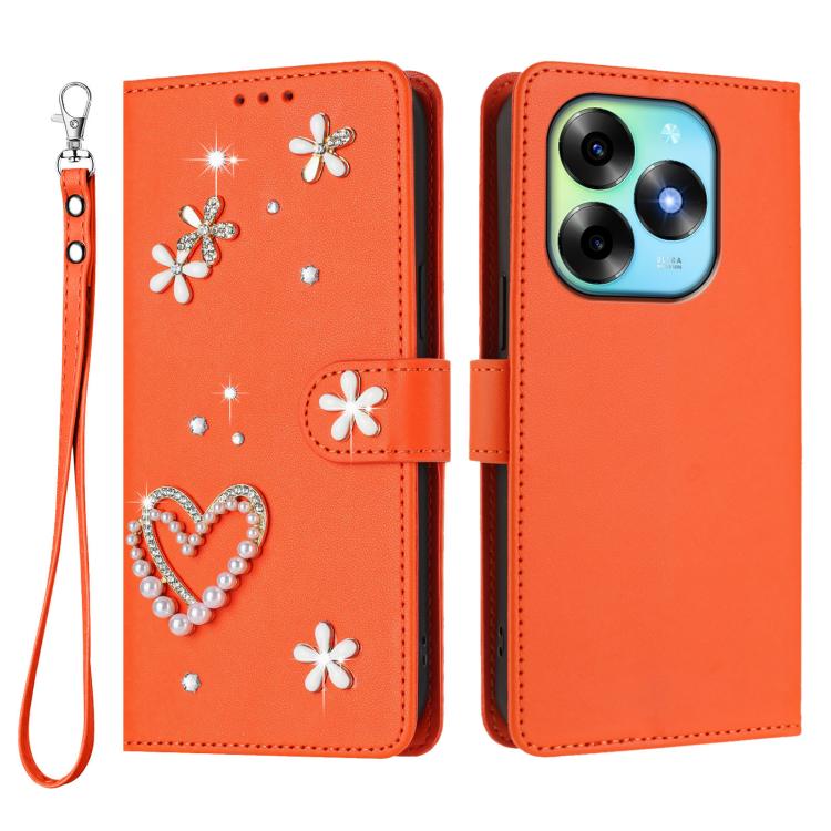 For itel S23+ ZS01 Double-Layer Heart Floral Vegan Leather Phone Case with Wrist Strap