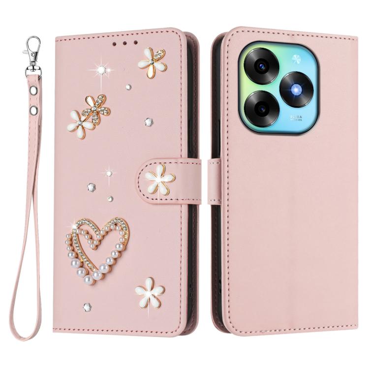 For itel S23+ ZS01 Double-Layer Heart Floral Vegan Leather Phone Case with Wrist Strap