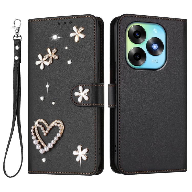 For itel S23+ ZS01 Double-Layer Heart Floral Vegan Leather Phone Case with Wrist Strap