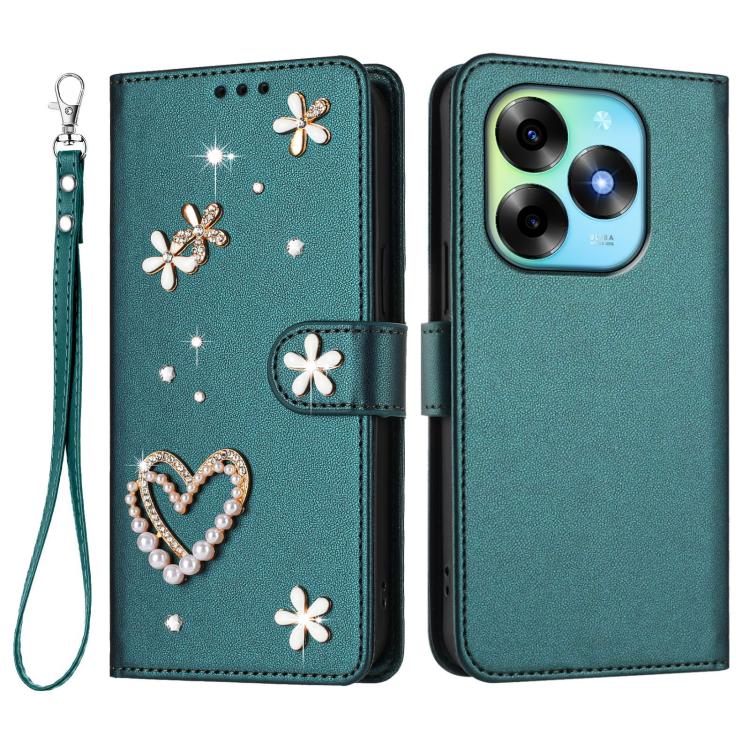 For itel S23+ ZS01 Double-Layer Heart Floral Vegan Leather Phone Case with Wrist Strap