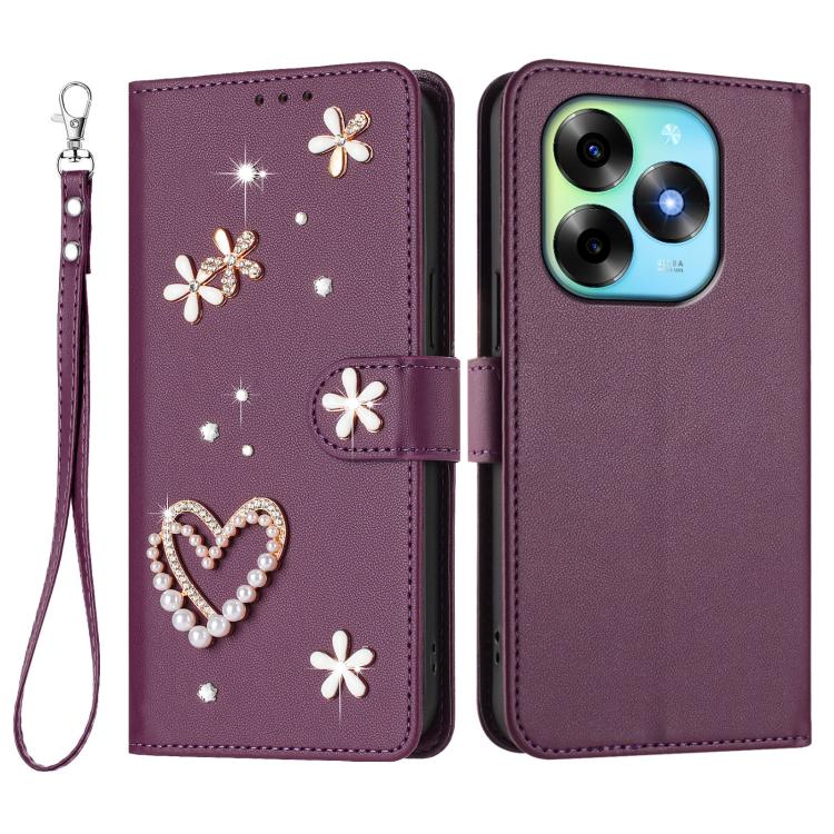 For itel S23+ ZS01 Double-Layer Heart Floral Vegan Leather Phone Case with Wrist Strap