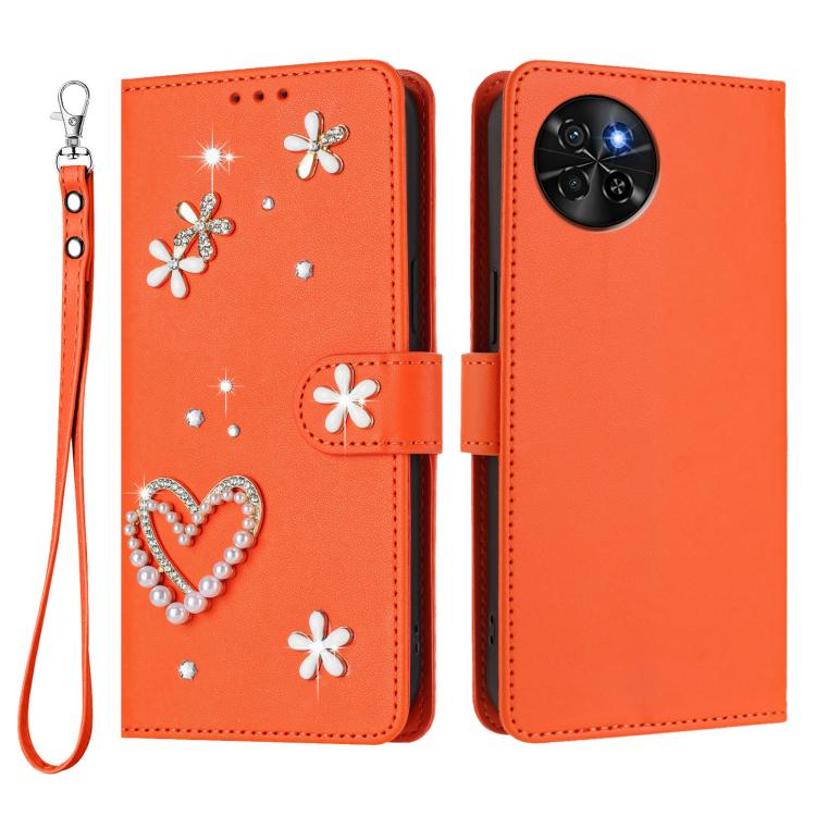 For itel S23 / S665L ZS01 Double-Layer Heart Floral Vegan Leather Phone Case with Wrist Strap