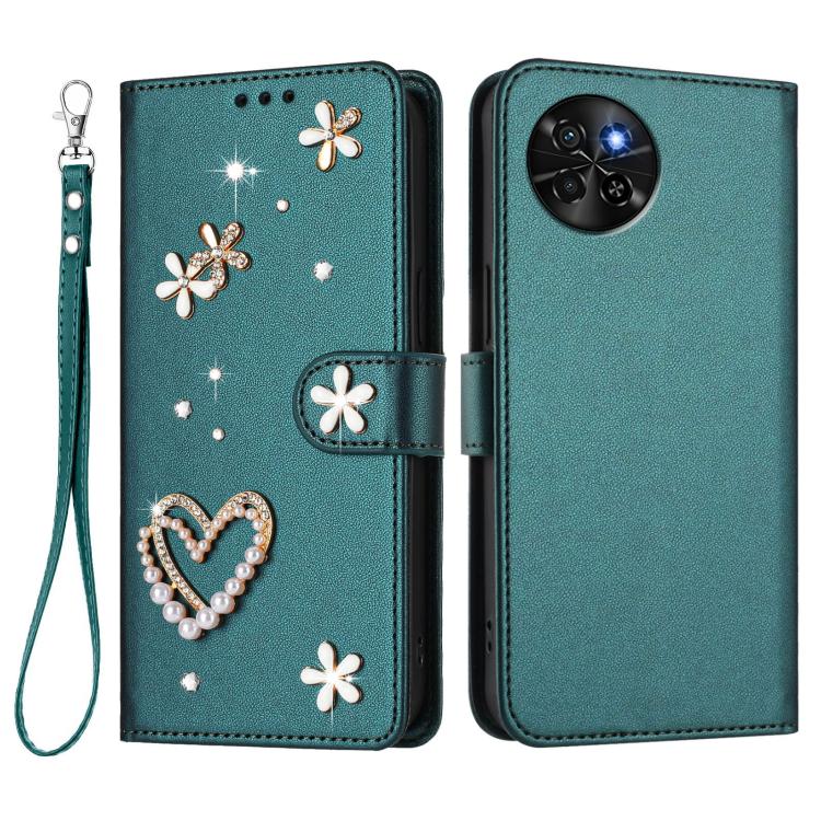 For itel S23 / S665L ZS01 Double-Layer Heart Floral Vegan Leather Phone Case with Wrist Strap