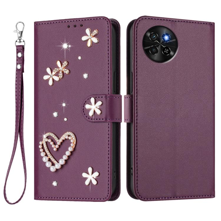 For itel S23 / S665L ZS01 Double-Layer Heart Floral Vegan Leather Phone Case with Wrist Strap