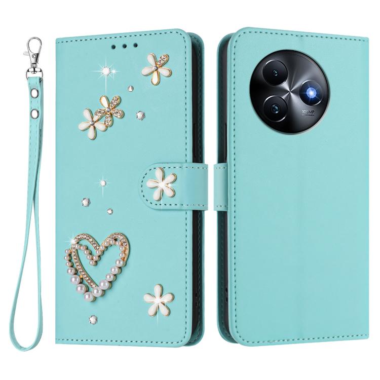 For itel S24 ZS01 Double-Layer Heart Floral Vegan Leather Phone Case with Wrist Strap