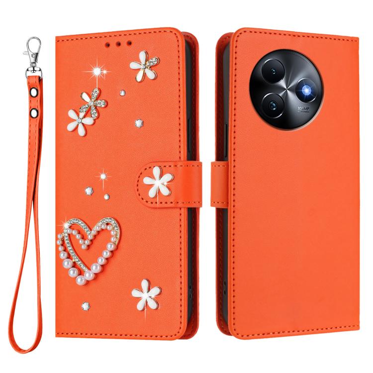 For itel S24 ZS01 Double-Layer Heart Floral Vegan Leather Phone Case with Wrist Strap