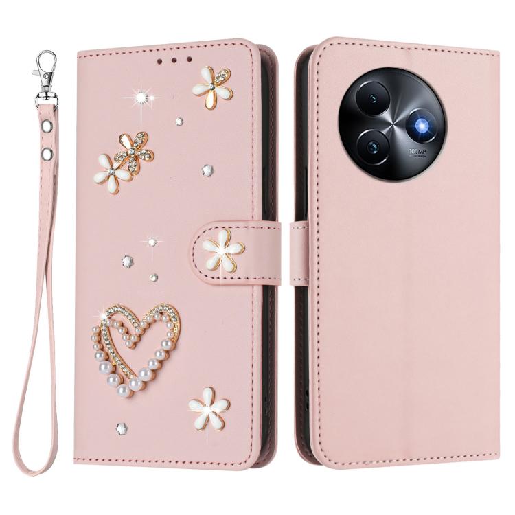 For itel S24 ZS01 Double-Layer Heart Floral Vegan Leather Phone Case with Wrist Strap