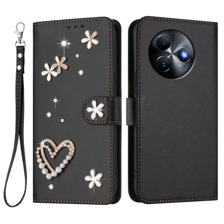 For itel S24 ZS01 Double-Layer Heart Floral Vegan Leather Phone Case with Wrist Strap