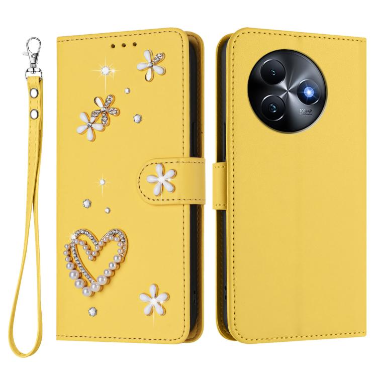 For itel S24 ZS01 Double-Layer Heart Floral Vegan Leather Phone Case with Wrist Strap