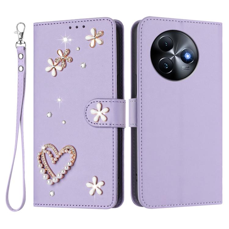 For itel S24 ZS01 Double-Layer Heart Floral Vegan Leather Phone Case with Wrist Strap