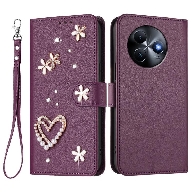 For itel S24 ZS01 Double-Layer Heart Floral Vegan Leather Phone Case with Wrist Strap