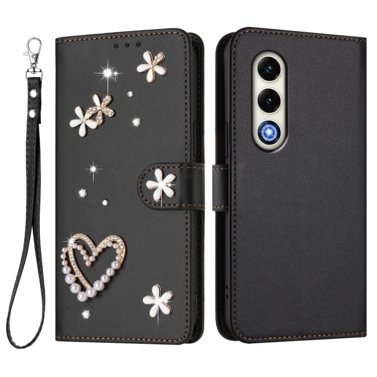 For itel S25 4G ZS01 Double-Layer Heart Floral Vegan Leather Phone Case with Wrist Strap