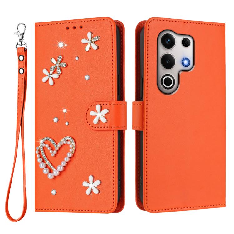 For itel S25 Ultra 4G ZS01 Double-Layer Heart Floral Vegan Leather Phone Case with Wrist Strap