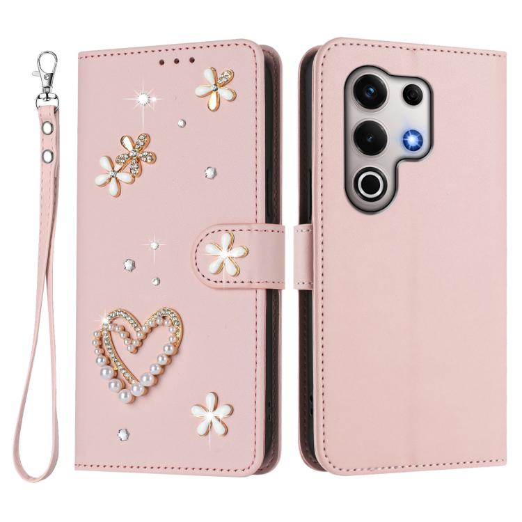 For itel S25 Ultra 4G ZS01 Double-Layer Heart Floral Vegan Leather Phone Case with Wrist Strap