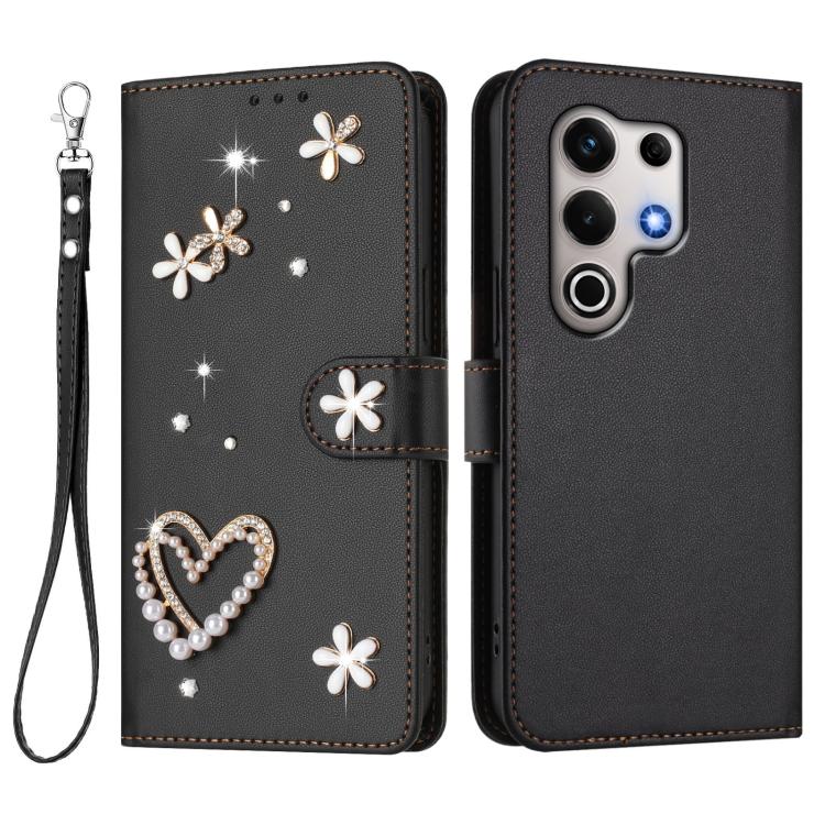 For itel S25 Ultra 4G ZS01 Double-Layer Heart Floral Vegan Leather Phone Case with Wrist Strap