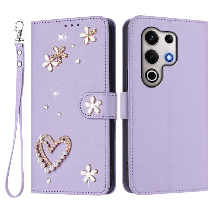 For itel S25 Ultra 4G ZS01 Double-Layer Heart Floral Vegan Leather Phone Case with Wrist Strap
