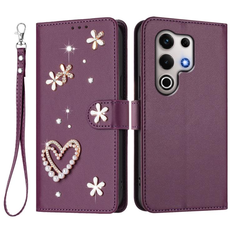 For itel S25 Ultra 4G ZS01 Double-Layer Heart Floral Vegan Leather Phone Case with Wrist Strap