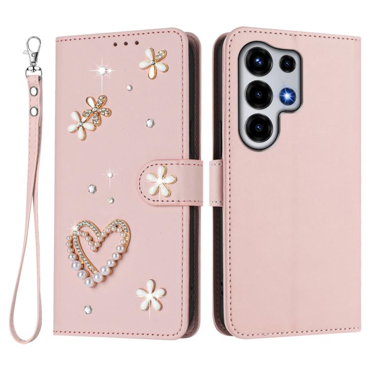 For itel Super 26 Ultra ZS01 Double-Layer Heart Floral Vegan Leather Phone Case with Wrist Strap