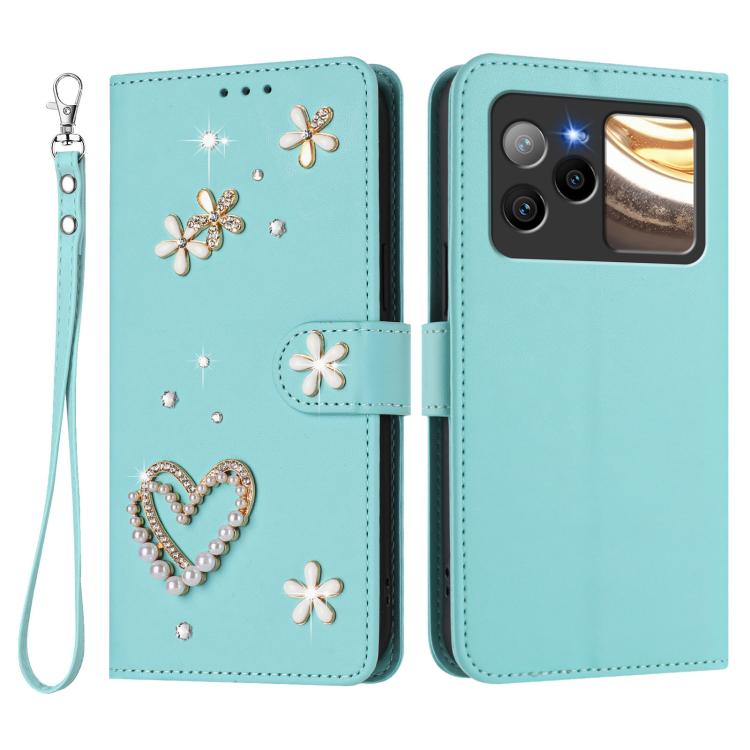 For BLU Bold N4 ZS01 Double-Layer Heart Floral Vegan Leather Phone Case with Wrist Strap