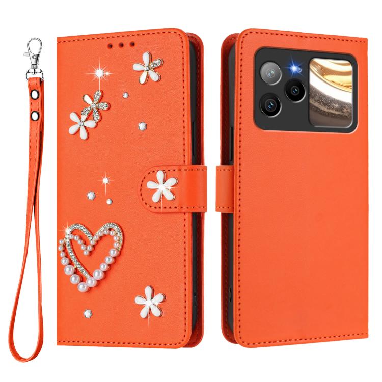 For BLU Bold N4 ZS01 Double-Layer Heart Floral Vegan Leather Phone Case with Wrist Strap