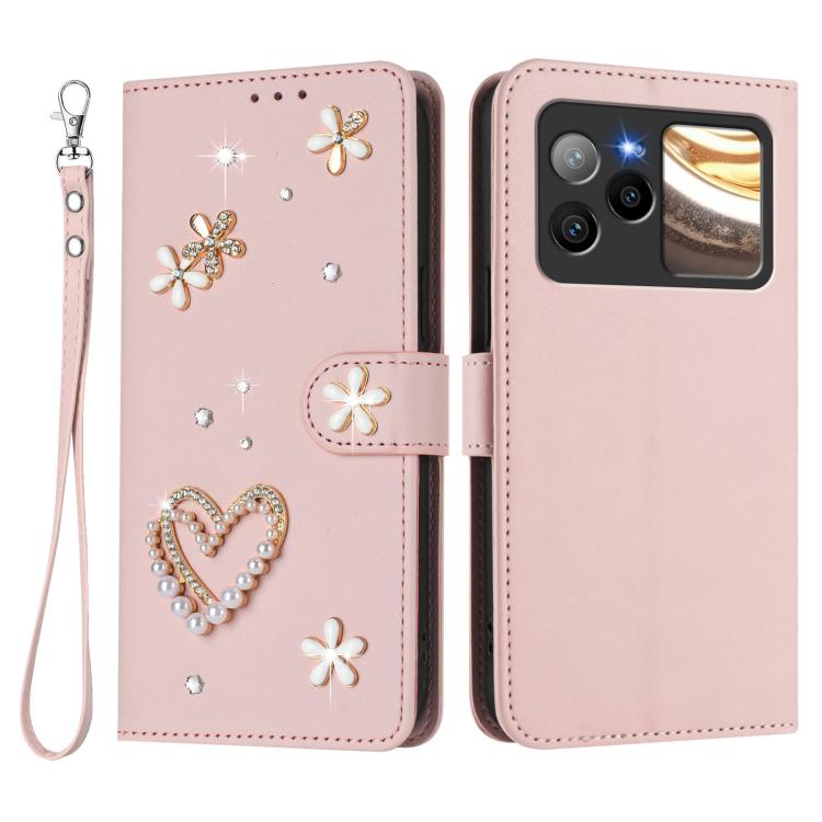 For BLU Bold N4 ZS01 Double-Layer Heart Floral Vegan Leather Phone Case with Wrist Strap