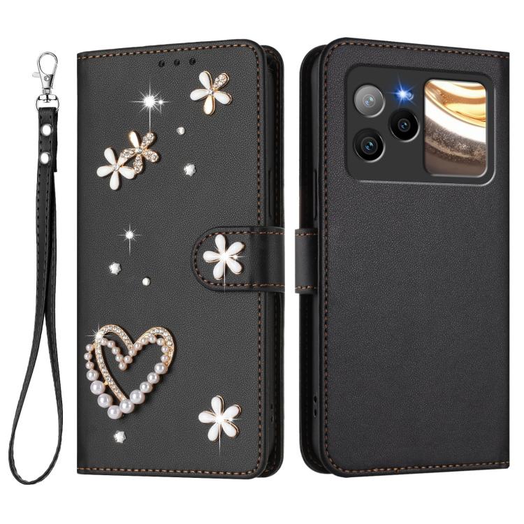 For BLU Bold N4 ZS01 Double-Layer Heart Floral Vegan Leather Phone Case with Wrist Strap